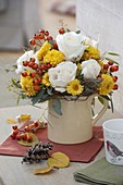 Autumn bouquet with pink (roses, rose hips), Chrysanthemum