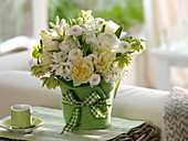 White spring bouquet: Hyacinthus (hyacinths), Tulipa (tulips), Bellis