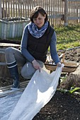 Woman covers bed with sown vegetable seeds with fleece