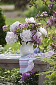 White and pink bouquet with Paeonia (peonies), Weigelia (weeping lily)