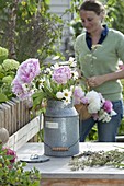 Zinc pot with Paeonia (peonies), Leucanthemum vulgare