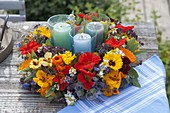 Wreath of edible flowers and herbs