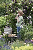 Woman enjoying the scent of Rosa 'Kir Royal' (climbing rose)