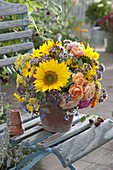 Bouquet with Helianthus (sunflowers), Rosa (roses), Oregano (Origanum)