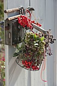 Small wire basket with herbs and wild fruits hung on the door