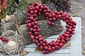 Heart of ornamental apples (Malus) leaning against firewood, small glass as lantern