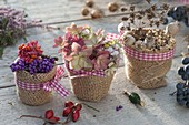 Herbstblüten und Herbstfrüchte in kleinen Töpfen mit Rupfen umwickelt