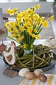 Standing bouquet of Narcissus 'Tete a Tete' (daffodils) in Salix wreath