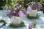 Small bouquets of Allium christophii (star-shaped leek), pink