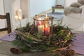 Advent wreath made of natural materials: tendrils of clematis (woodland vine)