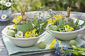 Easter bunnies in eggshells with primula veris (cowslip)
