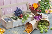 Small box of dried flowers for tea and wellness