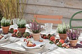 Garland made of clay pots and fruit stands as a table decoration