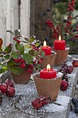 Terracotta-Töpfe als Kerzenhalter, Gaultheria procumbens (Scheinbeere)