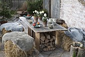 Rural winter terrace with straw bales