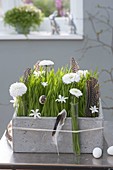 Gray box with wheatgrass decorated with Easter eggs