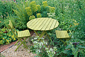Ein Sitzplatz: Grüner Tisch und Stühle stehen auf Kies zwischen Euphorbia wulfenii, Alchemilla mollis und Eryngium giganteum 'Silver Ghost'