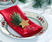 Napkin deco, silk pine twig, pink pepper and gold star