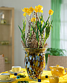 Tulips decorated with bulbs in a glass - Salix (Willow catkin)