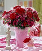 Bouquet with red roses and dianthus (bearded carnations)