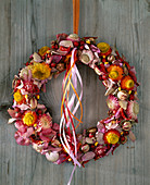 Door wreath of Helichrysum strawflower, hydrangea flowers