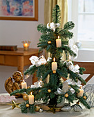 Selbstgemachter Tischweihnachtsbaum aus Nobilistanne mit weißen Schleifen und Kerzen