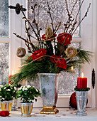 Christmas bouquet with red roses, Pinus (silk pine branches), twigs, Exacum (white daisy)
