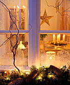 Looking through the window into the Christmas decorated room