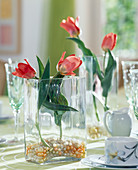 Glasgefäß mit Kugeln und Tulpen