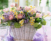 Basket with foil, Tulipa 'Angelique', Narcissus hybrid