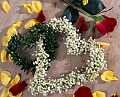 Hearts on Gypsophila (baby's breath), Myrtus (bridal myrtle)