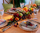 Table garland on bark made of Malus (apples), Prunus (plums), mirabelles, pink