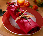 Pink (rosehips) attached to red napkin with raffia, Physalis (lampion flower)