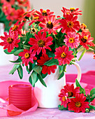 Zinnia (Zinnia) in white jug, pink glass for tealight