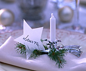 Candlestick with Picea (spruce branch), as napkin decoration, star with name