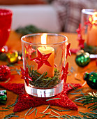 Glass with star decor (2/2). Red stars on glass, Abies (pine needles), sisal star