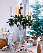 Candlestick with 8 candles, eucalyptus, tree ornaments, grey and silver, glass