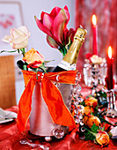 Rose, hippeastrum (amaryllis) in champagne cooler, orange ribbon, glass