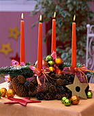 Adventskranz mit Zapfen: 2/2 Schale mit 4 Kerzen, umwickelt mit Picea (Fichtenza
