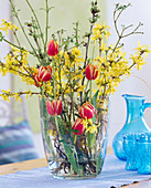 Forsythia (Goldglöckchen), Tulipa (gelb-rote Tulpen)