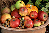 Schale mit Äpfel, Nüssen und Kürbis