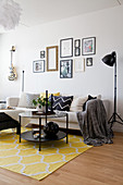 Black, white and yellow living room