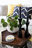 Chinese money plant and candle holder on hexagonal wooden tray