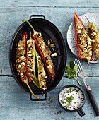 Stuffed pointed peppers with unripe spelt grain, feta and mint yoghurt dip
