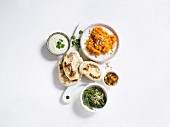 Various side dishes for curries (seen from above)