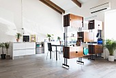 Attic apartment with partition shelving screening kitchen-dining area