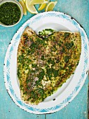 Baked plaice with parsley and hazelnut crumbs (top view)