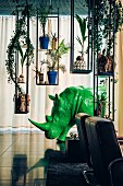 A green rhino in the lobby of the Nhow hotel in Rotterdam, Netherlands