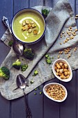 Broccoli cream soup with pine nuts and croutons