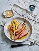 Miso-marinated duck breast with sesame seeds and vegetable strips (low carb)